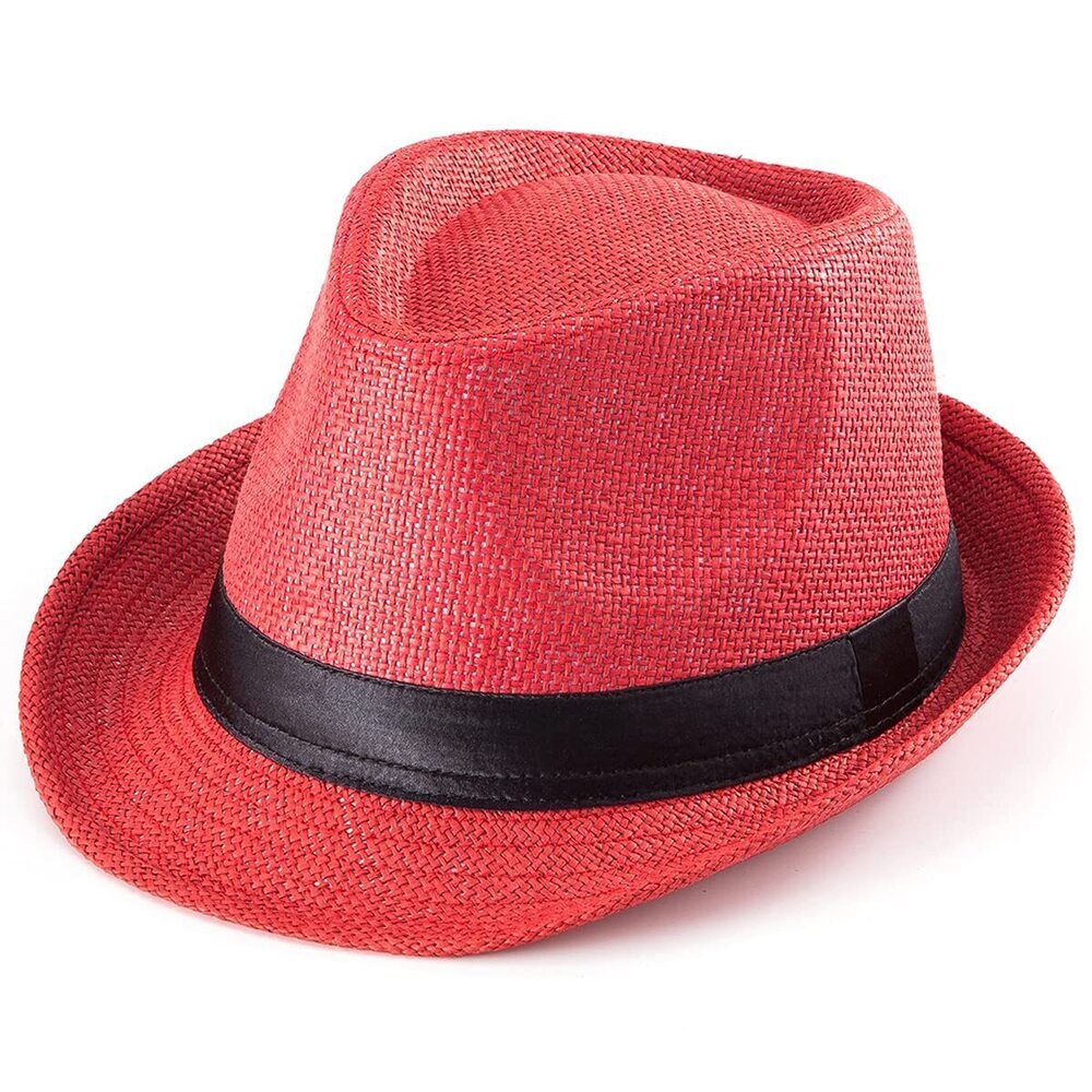 3489 Red Straw Trilby Sun Hat 1920s Short Brim Fedora Summer Travel, 7 1/4